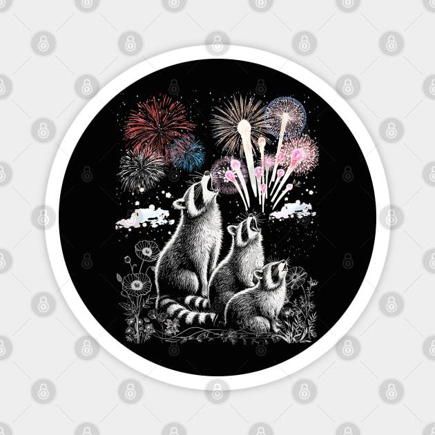 3 Racoon Fourth Of July Fireworks Funny Raccoon Head Howling Magnet by JessArty